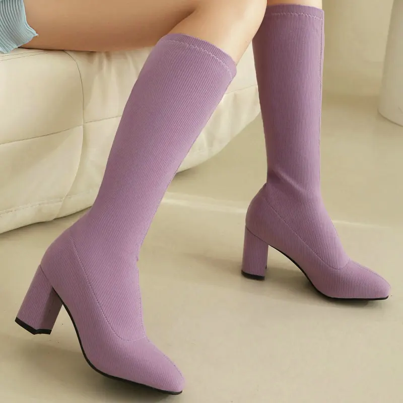 

Acrylic Stretch Fabric Bright Orange Green Violet Color Socks Botines Women Shoes Block High Heels Knee-high Sexy Stretchy Boots