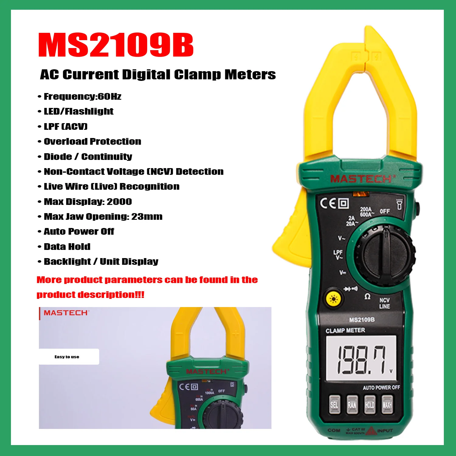 MASTECH MS2109B MS2109C MS2109D Clamp Meter Digital Multimeter DC/AC Current Ammeter Voltage Tester Hz Capacitance NCV Ohm Test