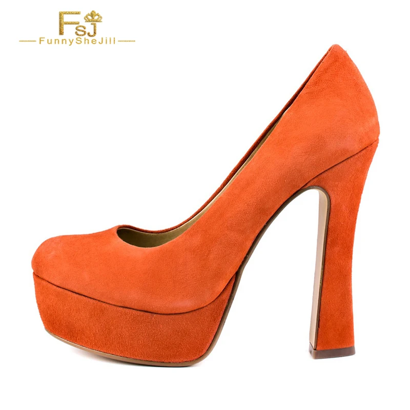 

2023 Orange Suede Platform High Chunky Heels Women's Pumps Round Toe Autumn Ladies Mature Concise Slip On Large Size 15 16 Shoes