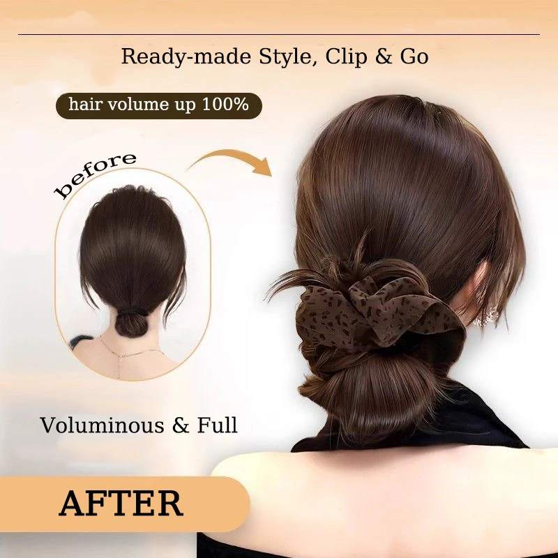 Synthetic Messy Hair Bun Extension Wig Claw Clip Updo Hair with Leopard Scrunchie Hair Clips Hairpiece for Women Daily Party Use