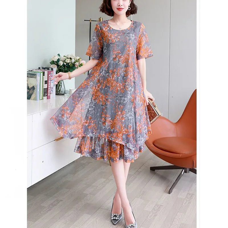 Fashion O-Neck Printed Gauze Asymmetrical Floral Dress Women Clothing 2024 Summer New Loose Office Lady Irregular Vintage Dress