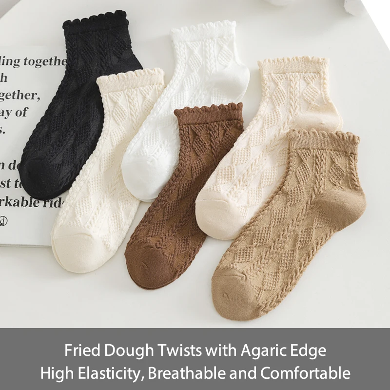 6 Pair Womens Socks Summer Thin Gradient Solid Cotton Simple Sweet Cute Comfortable Wood Ear Edge Lolita Fashion Wear