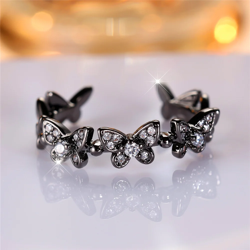 Charm Female Crystal White Butterfly Open Adjustable Ring Black Gold Color Vintage Zircon Stone Wedding Jewelry For Women
