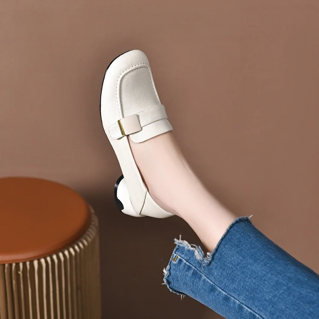 Square Toe Loafers 2022 Spring and Summer New First Layer Cowhide Elegant Low Heel Square Buckle Two-Way Leather Shoes