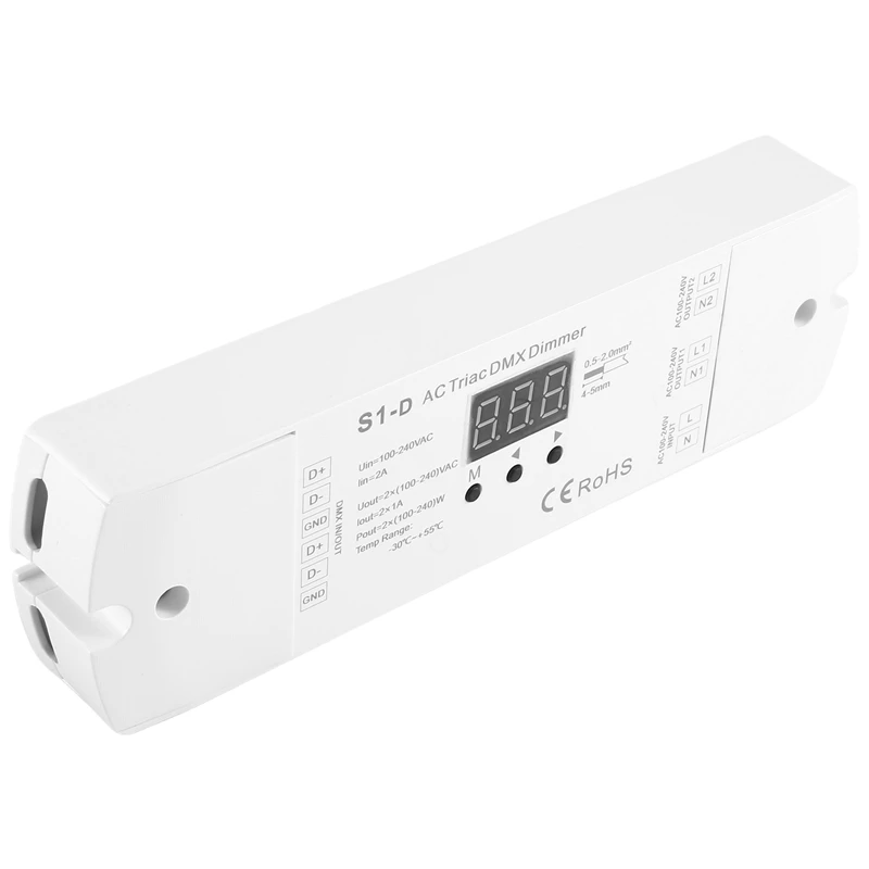 AC100V-240V 288W 2CH Triac DMX LED Dimmer Dual Channel Output Silicon DMX512 Led Controller Digital Display S1-D White