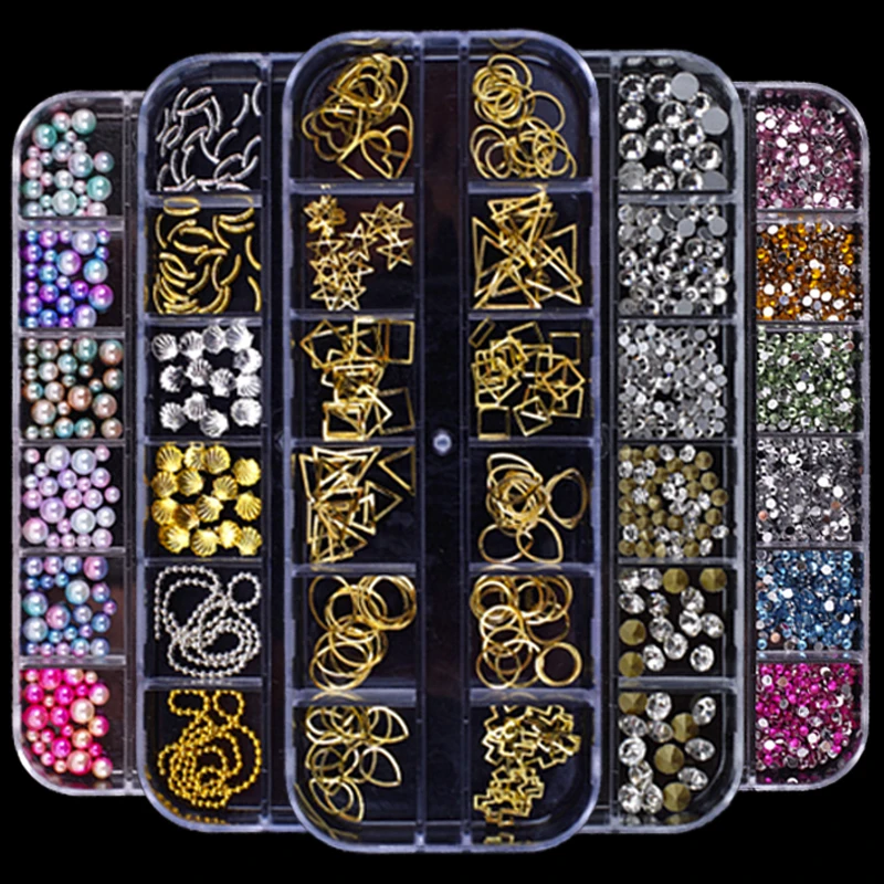 

12 ячеек, золотые и серебряные шпильки, украшения для ногтей, жемчужные блестящие драгоценные камни своими руками, 3D дизайн ногтей, фоторамка с металлическими заклепками