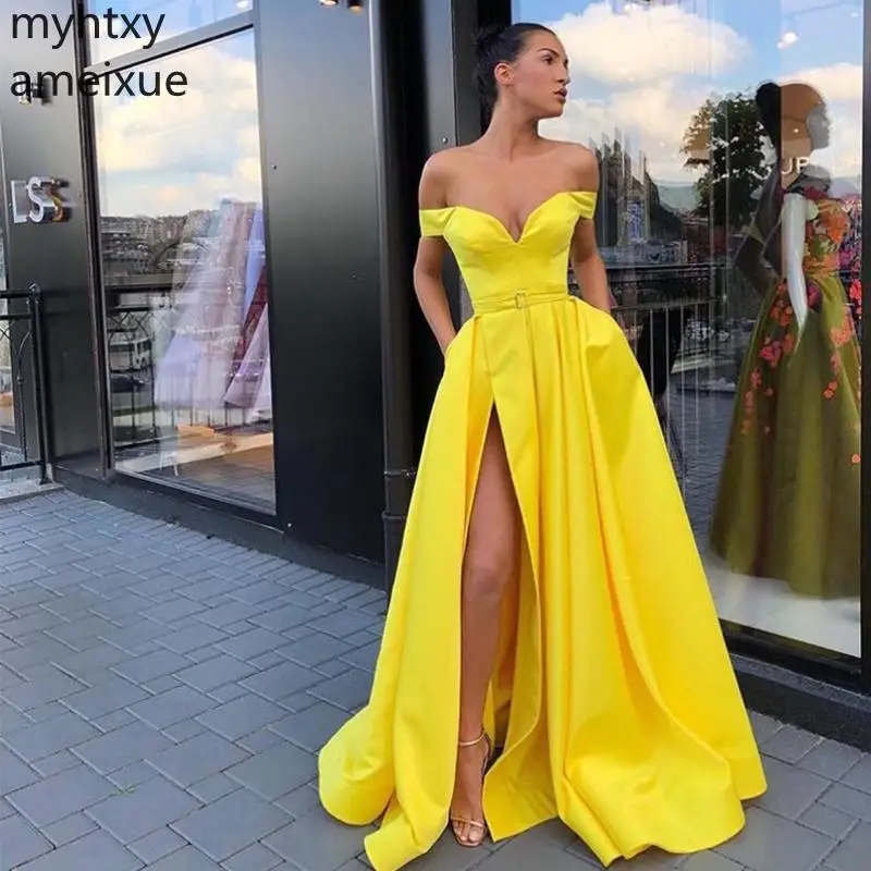 

Sexy New Yellow Prom Dresses 2023 Off The Shoulder Simple Satin Front Split Gowns Long Women Formal Party Robe De Soiree