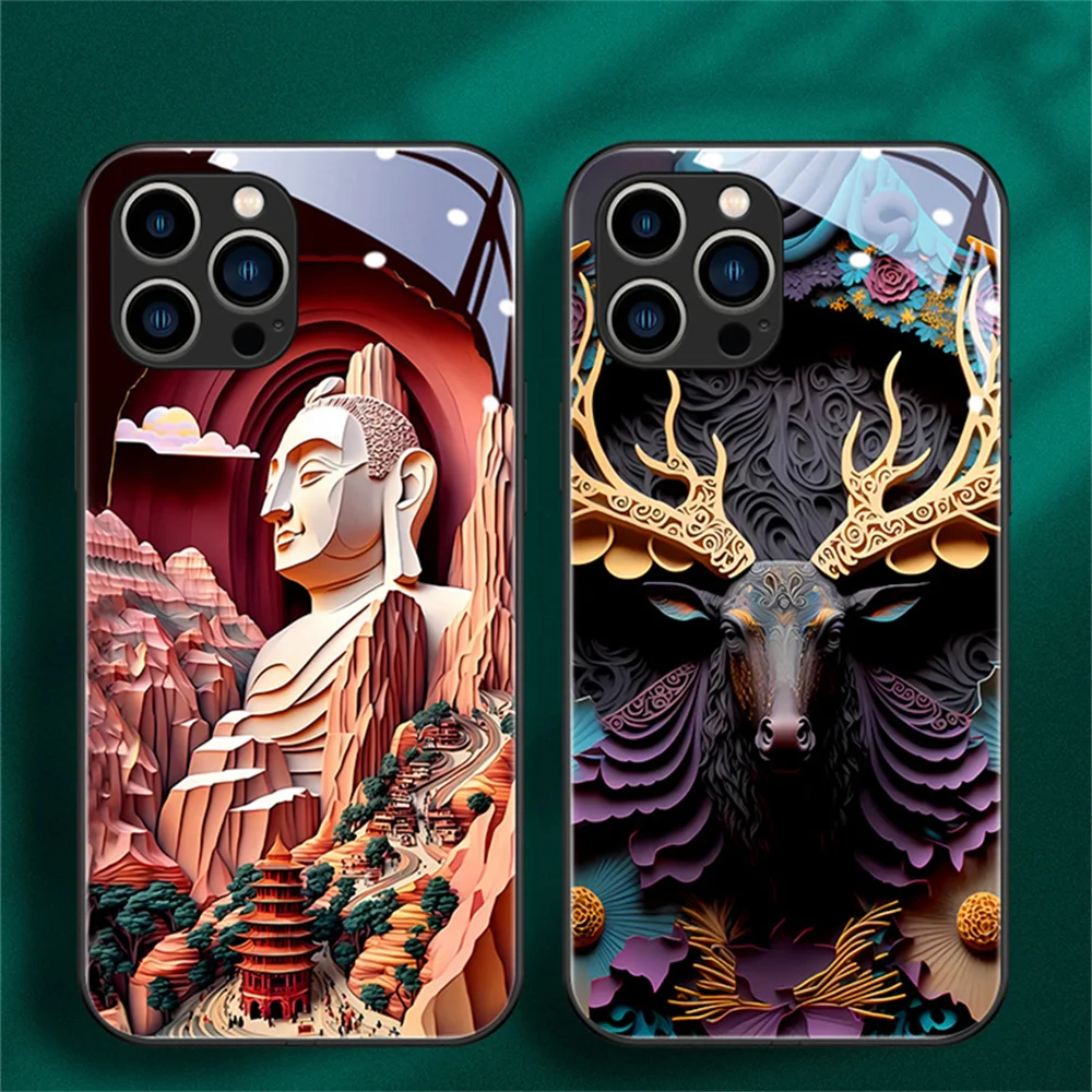 

Buddha Origami Design LED Light Glow Luminous Glass Phone Case For Samsung S23 S22 S21 S20 FE Note 10 20 Plus Ultra A14