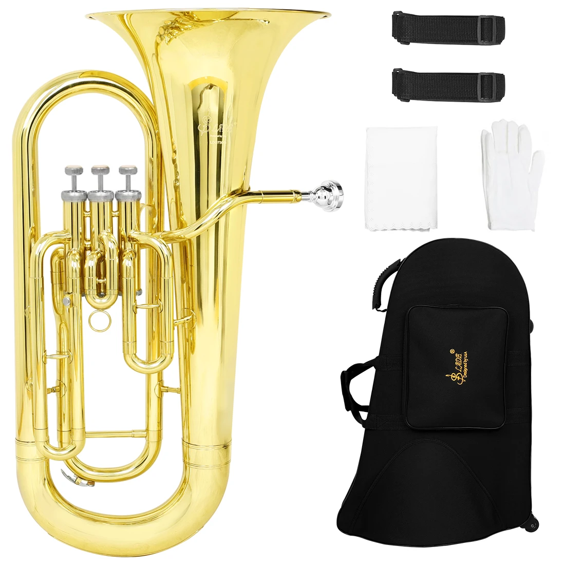 SLADE Three Key Vertical Bass Horn Gold Bb Key Horn Holding Trumpet Brass Instrument with Box Gloves Straps Cleaning Cloth Parts