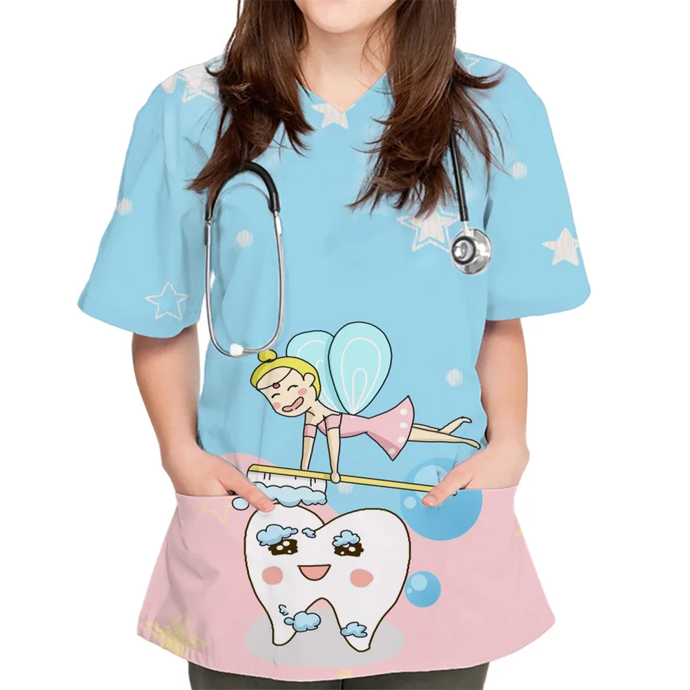 

New Women Tops Cartoon Print Dentist Veterinary Nurse Fashion Slim Beauty Scrub Clothes Spa Nurse Medical Lab Medical Uniform