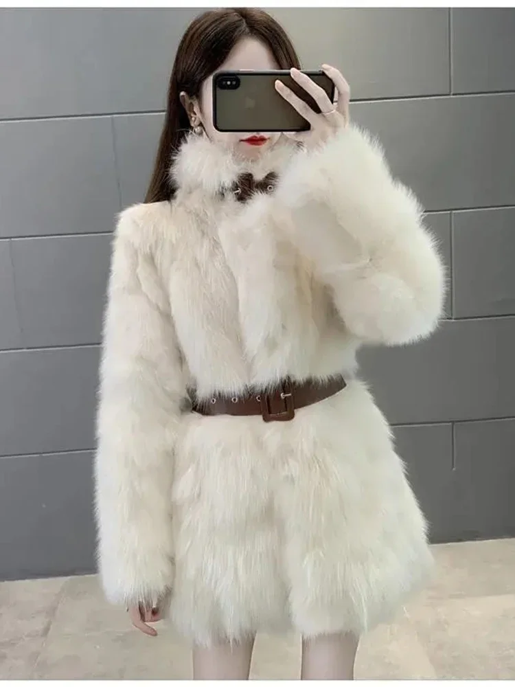 

Thicken Warm Faux Fox Fur Overcoats Belt Winter Korean Fashion Jacket Loose Casual Furry Casaco Lapel Women Plush Chaquetas
