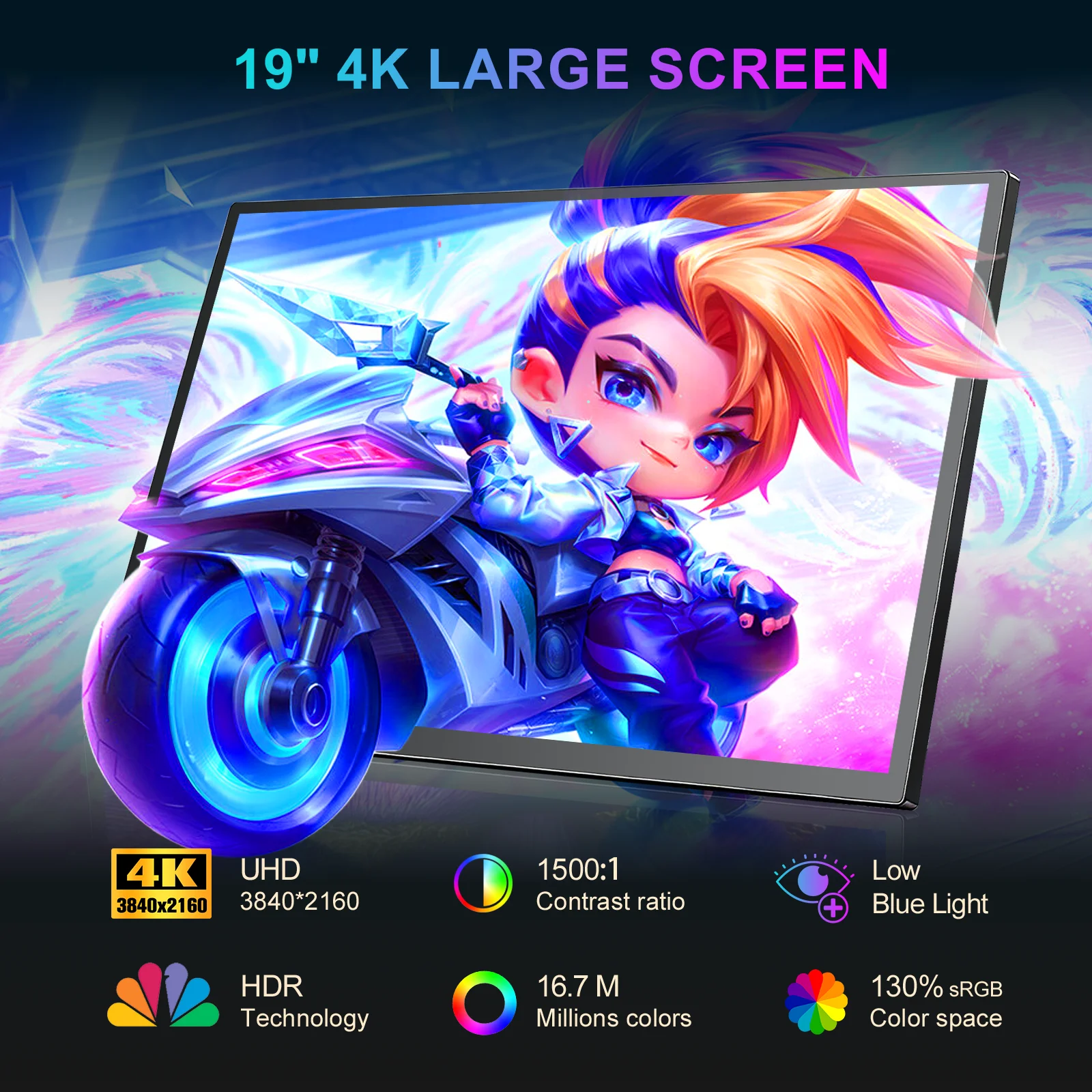 4K 144Hz 19인치 휴대용 모니터 화면 2160P HDR 16:10 디스플레이 (VESA 홀, HDMI, USB Type-C 지원) 외부 보조 모니터 게이밍