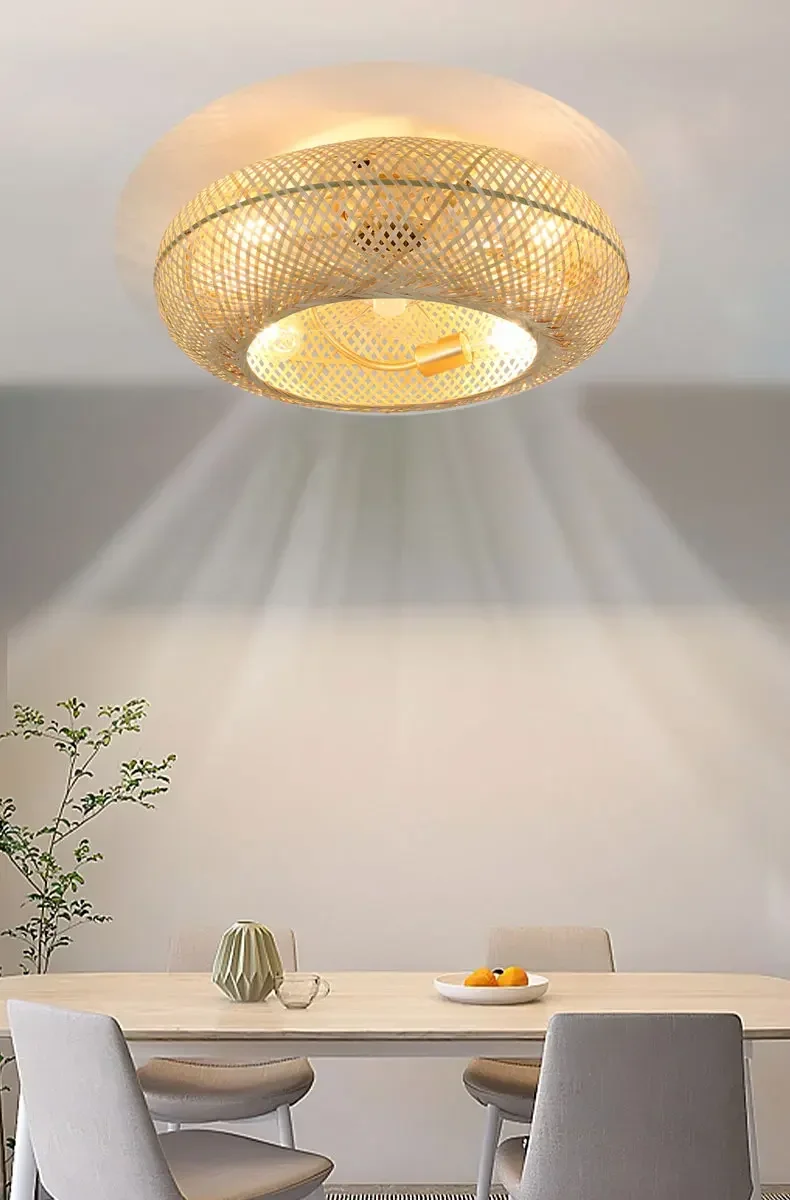 Description Picture 2 of itemHandmade Bamboo Ceiling Fans with Lights Bedroom Decor Ventilator Lamp 50cm Air Invisible Blades Retractable Silent Chandelier