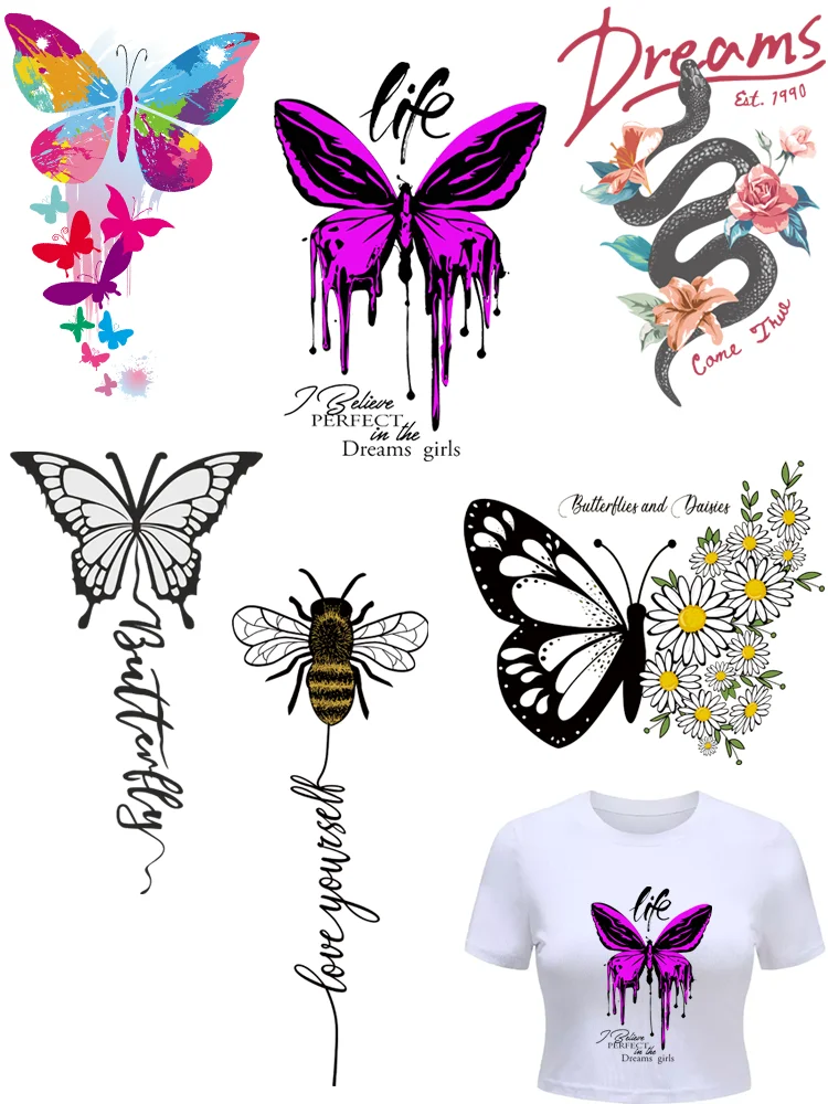 Schmetterlings-/Bienen-Kleidungsaufnäher. Große Thermoaufkleber für Damen-T-Shirt-Aufdruck zum Aufbügeln