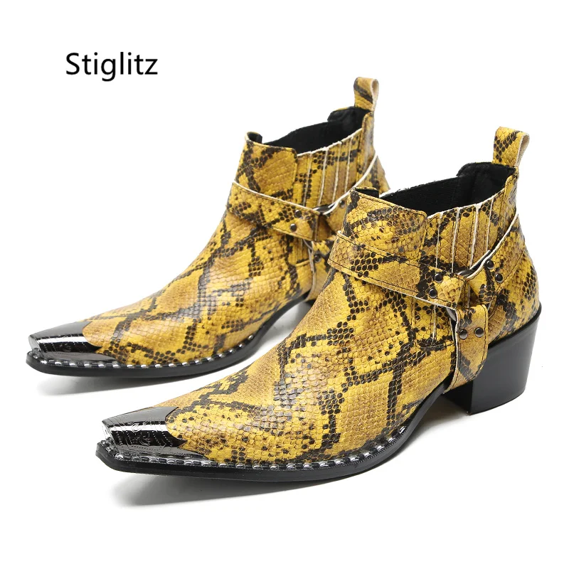 Buckle-Strap-Snakeskin-Ankle-Boots-Men-Red-Yellow-High-Heels-Slip-On ...