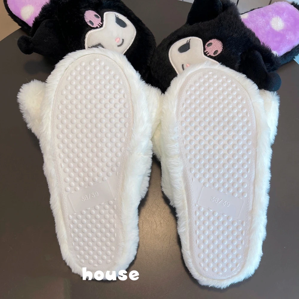 Flat Slippers Kuromi My Melody Sanrio Cartoon Plush Floor Warm Winter Indoor Non-slip Girl Home