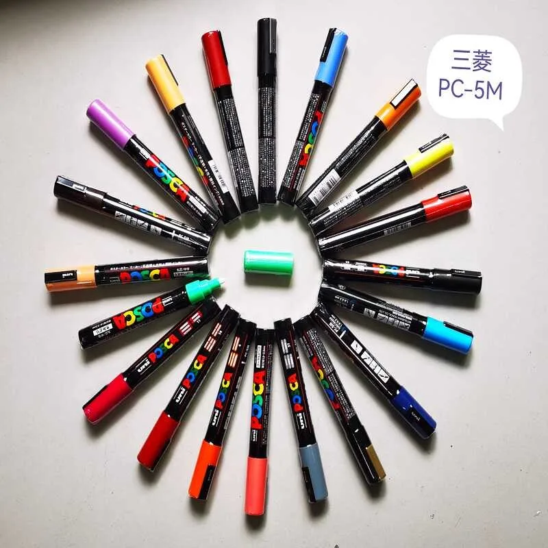 1pcs POSCA 마커 펜, 오리지널 Uni PC-5M 풀 컬러 Plumones 1.8  2.5mm 그리기 낙서 펜 마크 다양한 재료 최고의 선물