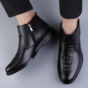 Genuine Leather Men Ankle Boots Casual Shoes Western Cowboy Boots Black Lace Up Wedding Office Dress Boots Men Business Shoes 6