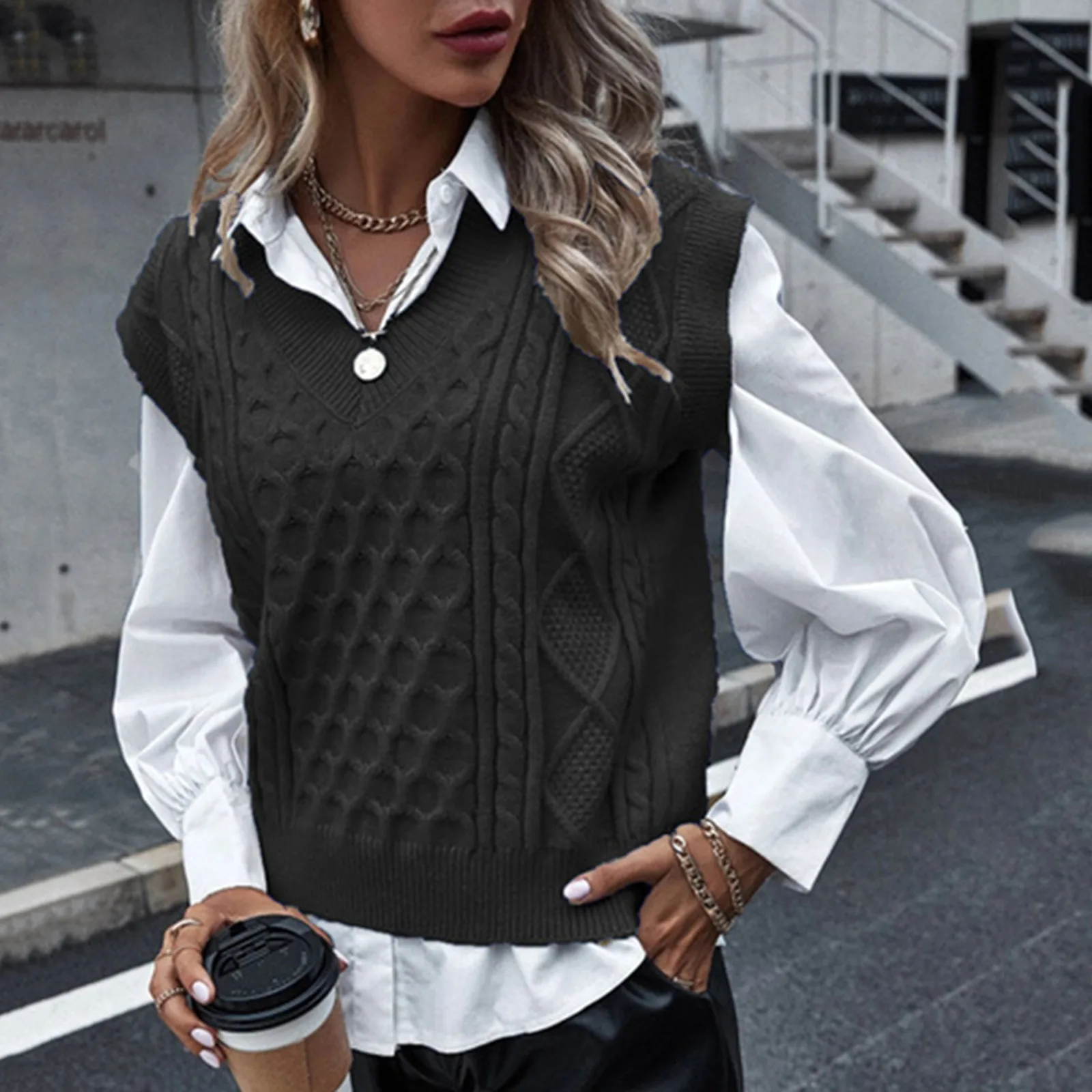 

Ladies College Style Knitted Sweater Vest Sleeveless V-Neck Solid Color Simplicity Retro Vests For Women