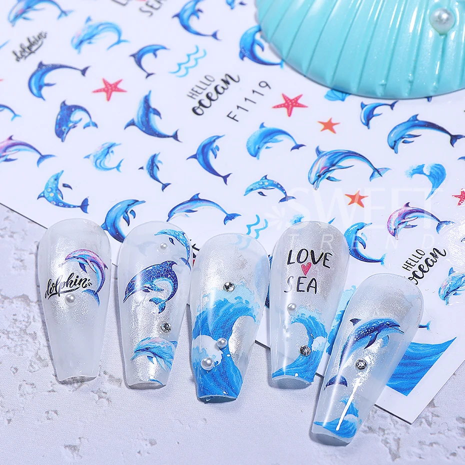 3pcs Sea Animal Nail Stickers Summer Goldfish Coral Koi Seaweed Ocean Wave Design Adhesive Slider Nail Decals DIY Manicure Decor