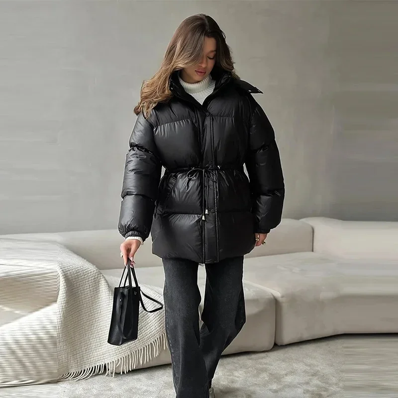 Women Solid Thicken Cotton Outwears Casual Stand Collar Zipper Long Sleeves Lace Up Detachable Hat Coat Winter Lady Warm Jackrts