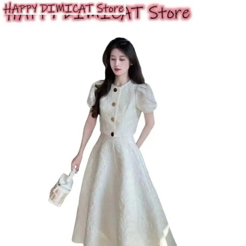 Evening Party A Line Skirt New Elegant Two Piece Sets Women Korean Fashion Vintage Office Lady Jacquard Top + Casual Slim