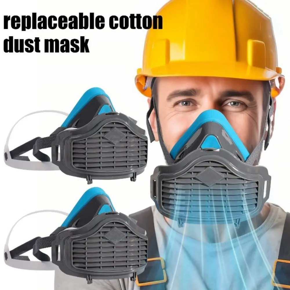 Demi-masque anti-poussière en silicone gris porté par un utilisateur, avec filtre remplaçable assurant une protection respiratoire confortable