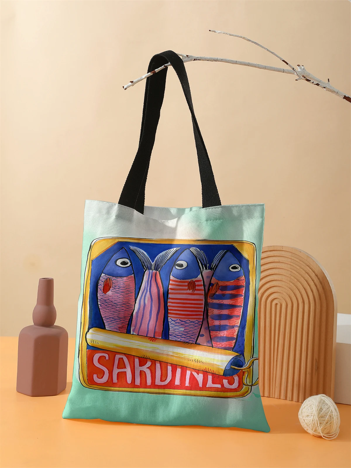 Colorful Trendy Sardines Printe Casual Handbag, Reusable Fashionable Backpack, Multifunctional Tote Bag Polyester Shopping Bag