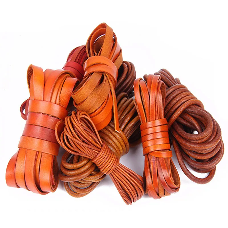 2 Meter Retro Gelb Braun Echtes Lederband Flache Runde Lederband Seil Faden Fit Halskette Armband DIY Schmuck Zubehör