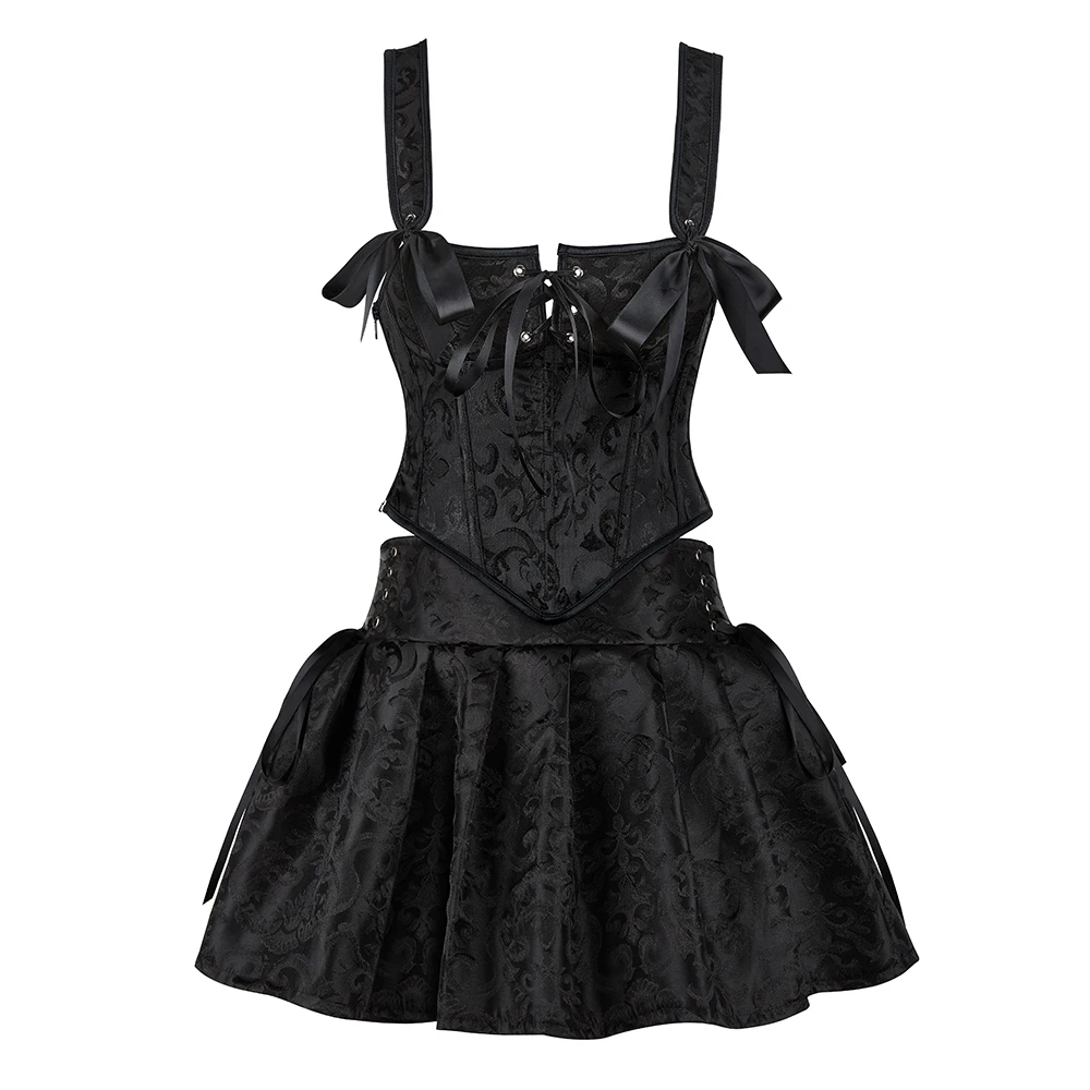 

Fashion Corset Dress Set Brocade Black Straps Overbust Bustier Crop Top With Mini Skirt