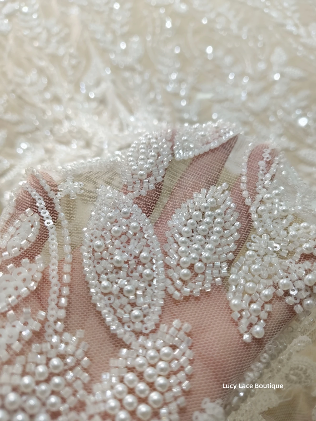 Pearl Beaded Lace Beaded Wedding Fabric Snow White Pearls Lace