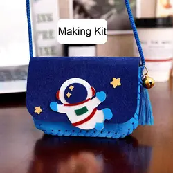 Handmade Felt Cartoon Crossbody Bag DIY Kit for Children - Creative Sewing Craft Project with Animal & Flower Designs (Spaceman)