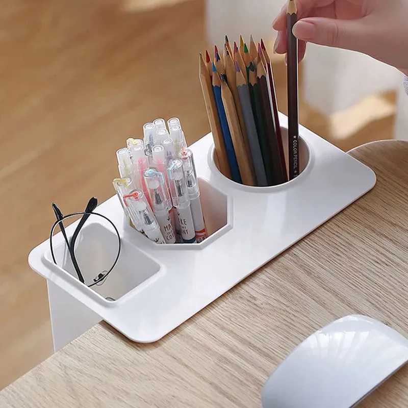Houseeker Deskside Pen Holder Three Compartments Organiser Case Student Stationery Office Storage Box
