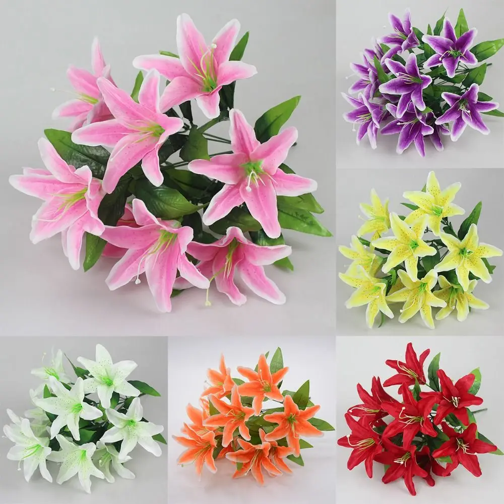 Exquisite 10-Köpfige Künstliche Lilien Mehrfarbige Plastikblumen Realistische Seidenblumen für Hochzeit, Heim und Party Dekoration