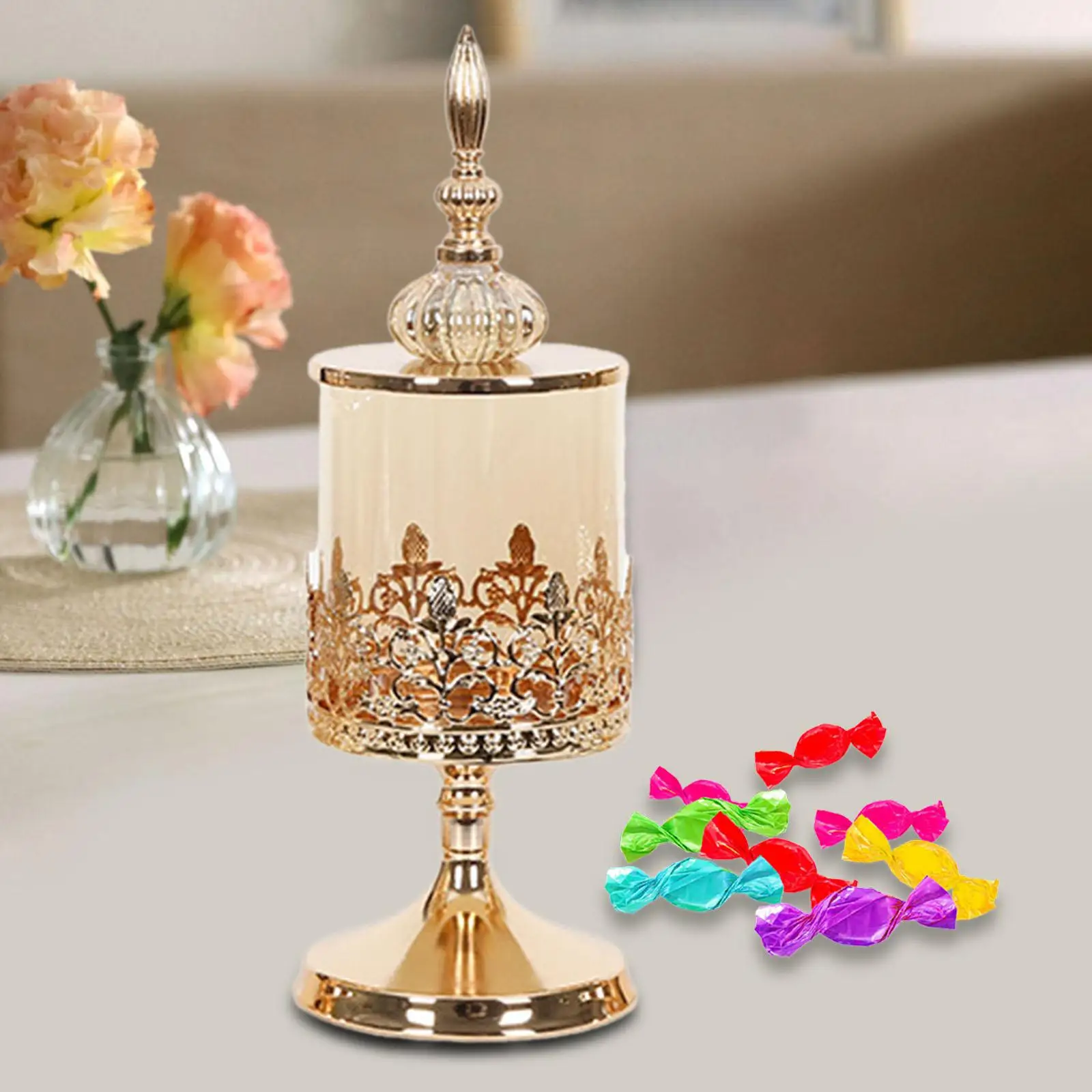European Style Decorative Candy Jar Candle Holder with Lid Cupcake Stand Dessert Candy Dish for Wedding Christmas Room Home