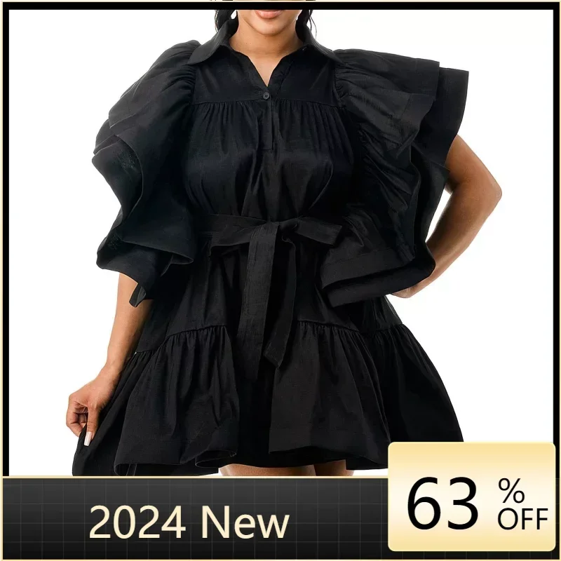 

Women Ruffles Flare Clock Sleeve Turn-down Collar Front Button Smock Babydoll Big Swing Dresses 2024 INS Street Dress