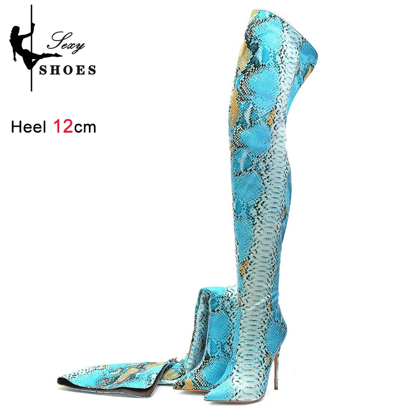 New Women's Over-the-knee Boots Super High Heeled 10cm 12cm Tall Thigh High Boots Snakeskin Pointed Handmade Shoes Large Size 45