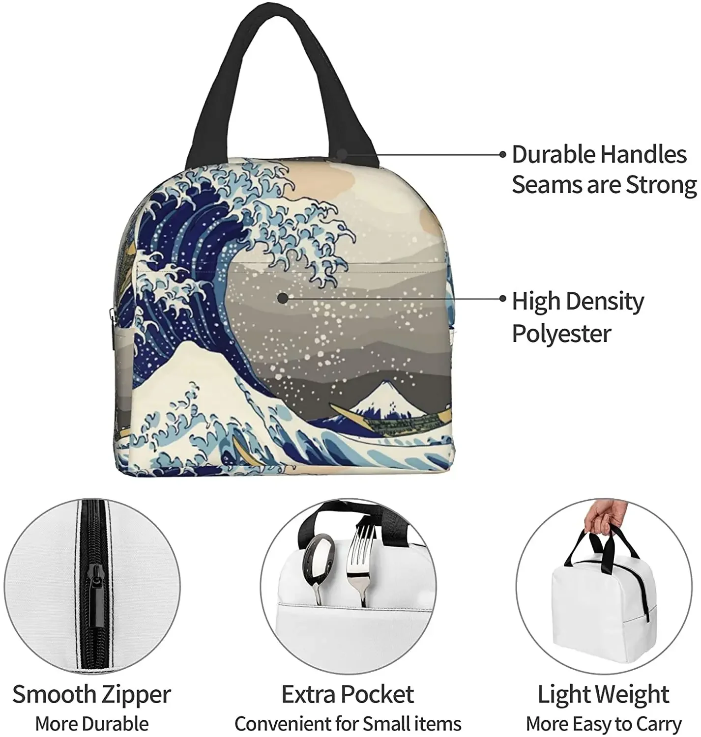 Lunch Bag for Women The Great Wave Off Kanagawa Art Insulated Lunch Box Cooler Tote for Work Office School Picnic Bento Bag