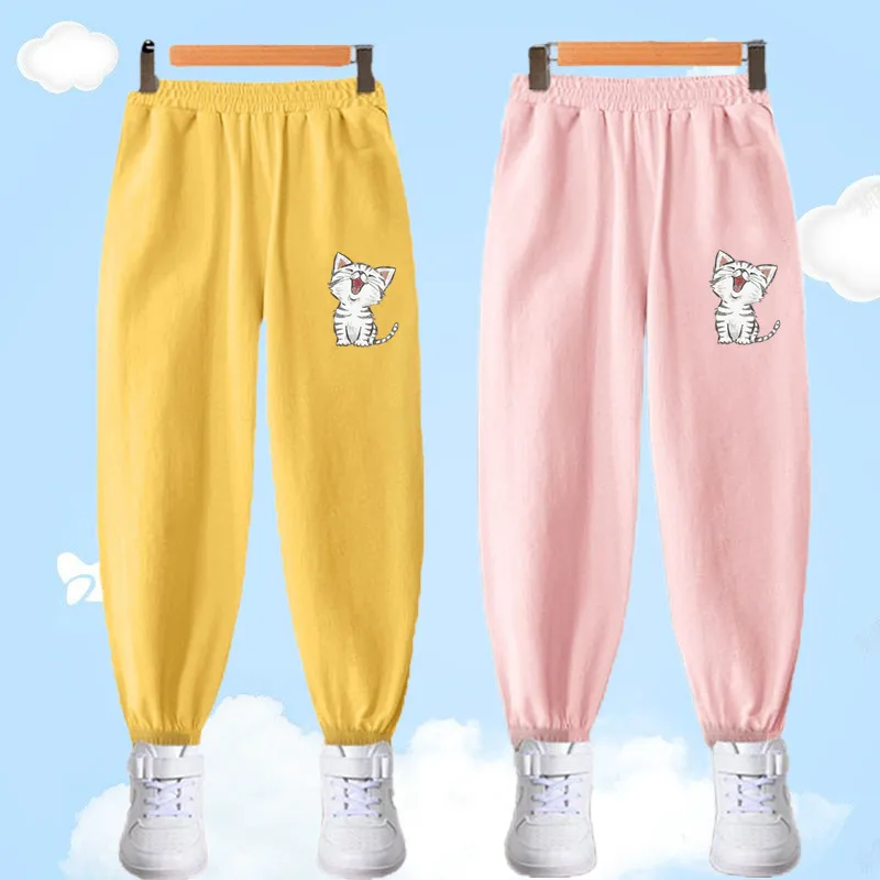 

Children's Cute Cat Print Anti-mosquito Pants Summer Girls Cotton Thin Trousers Candy Sports Pants Baby Bloomers Tracksuit