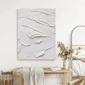 Grande Dipinto Astratto 3D in Acrilico Bianco con Texture Spessa, Lussuoso Disegno a Mano su Tela, Quadro Murale per Arredamento Casa