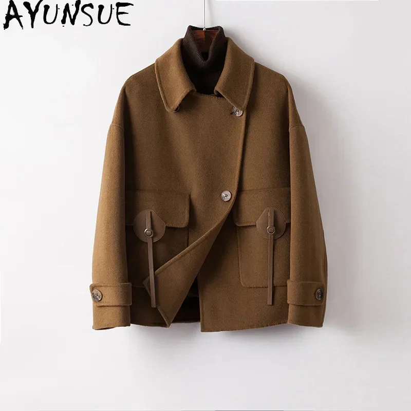 

100% AYUNSUE Wool Coats for Women 2024 Autumn Winter Short Double-sided Woolen Jacket Loose Casual Streetwear Abrigos Mujer