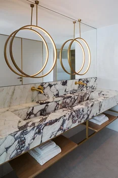 ห้องน้ํา Calacatta Viola หินอ่อนอ่างล้างจานคู่อ่างล้างหน้าผงหินอ่อน Room อ่างล้างหน้าขนาดใหญ่แขวนผนังอ่างล้างจานลอย Vanity 2