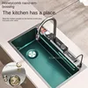 Digital Display 304 Stainless Steel Honeycomb Fly Rain Waterfall Single Sink Multifunctional Household Hand Embossed Washbasin 4
