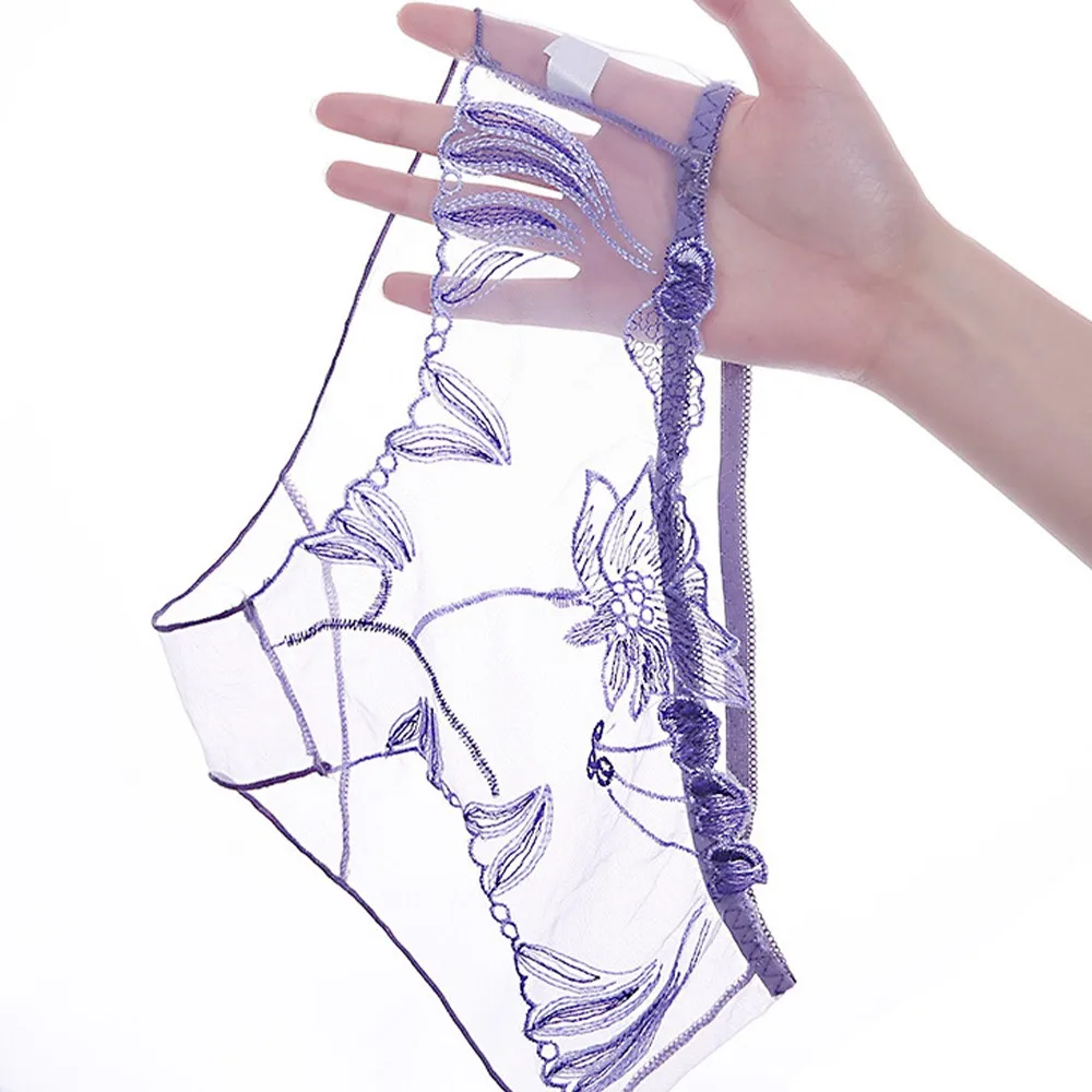 

Women Sexy Lace Briefs Mesh Transparent Underwear Super-thin Breathable Large Size Underpants Floral Embroidery Lingerie