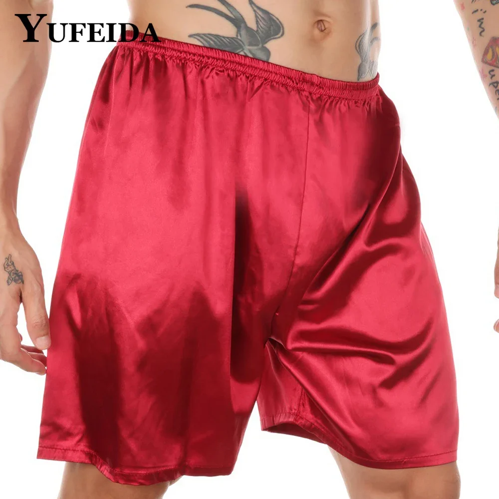 

YUFEIDA Summer Men Sleep Bottoms Solid Silk Satin Sleepwear Boxers Shorts Nightwear Pajamas Male Soft Lounge Homewear Underwear
