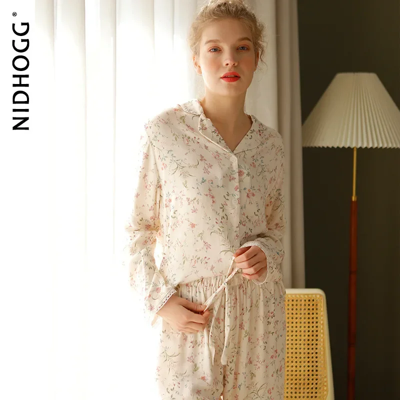 Spring Satin Pajamas Long Sleeve Viscose Sleepwear Willow Leaf Print Lounge Wear Two Piece Pijama Set Pijama Mujer women pajamas set women pajama suit