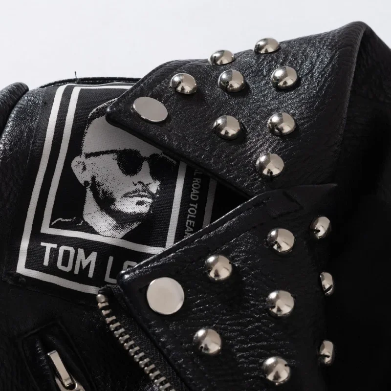 Punk Rivets Motorcycle Jacket Women 2024 Trend Fashion Contrast Color Print Cropped Faux Leather Jackets Black Streetwear