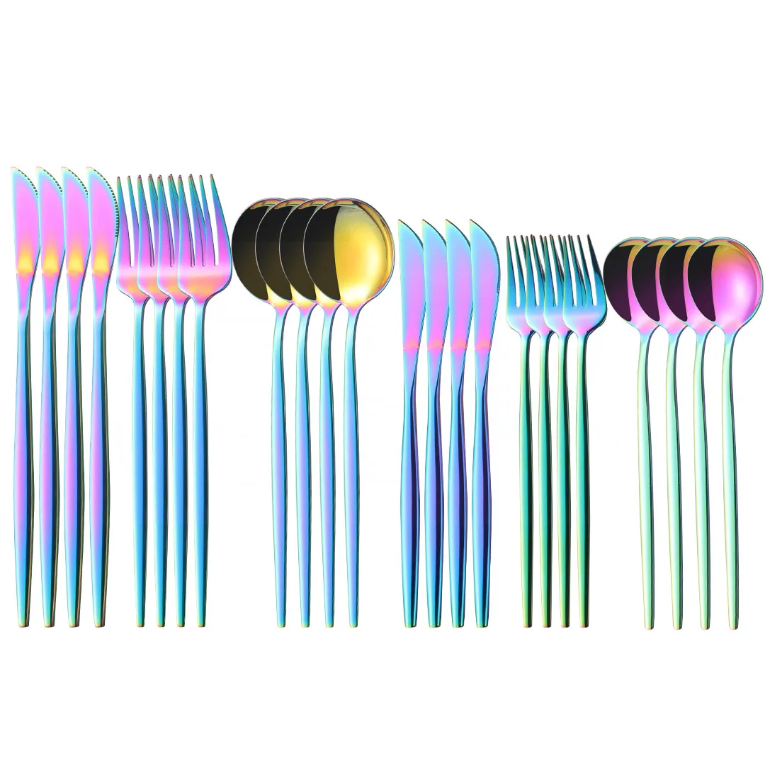 

Colorful 24Pcs Cutlery Set Stainless Steel Dinnerware Kitchen Mirror Tableware Set Knife Fork Spoon Dinner Set Dishwasher Safe