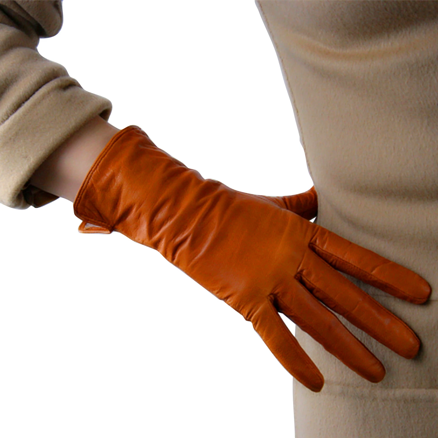 

Women's Real Leather Gloves Wrist Long 25cm Genuine Lambskin Sheepskin Brown Tan Knitted Lining Fashion Winter Warm Short Glove