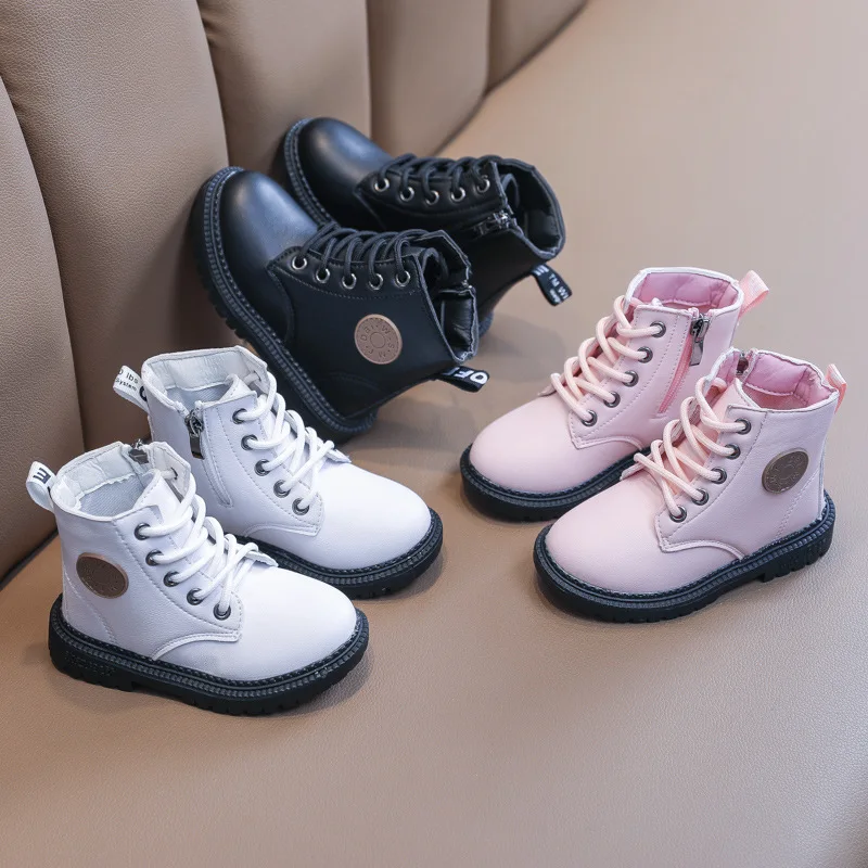 

Size 21-30 Spring Autumn Kids Single Boots PU Leather Children Short Boots Baby Girls Boys Casual Shoes Pink White Black Color